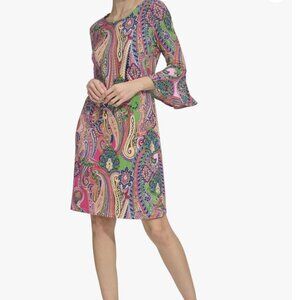 Tommy Hilfiger Women's Round Neck Printed Bell Sleeve Dress